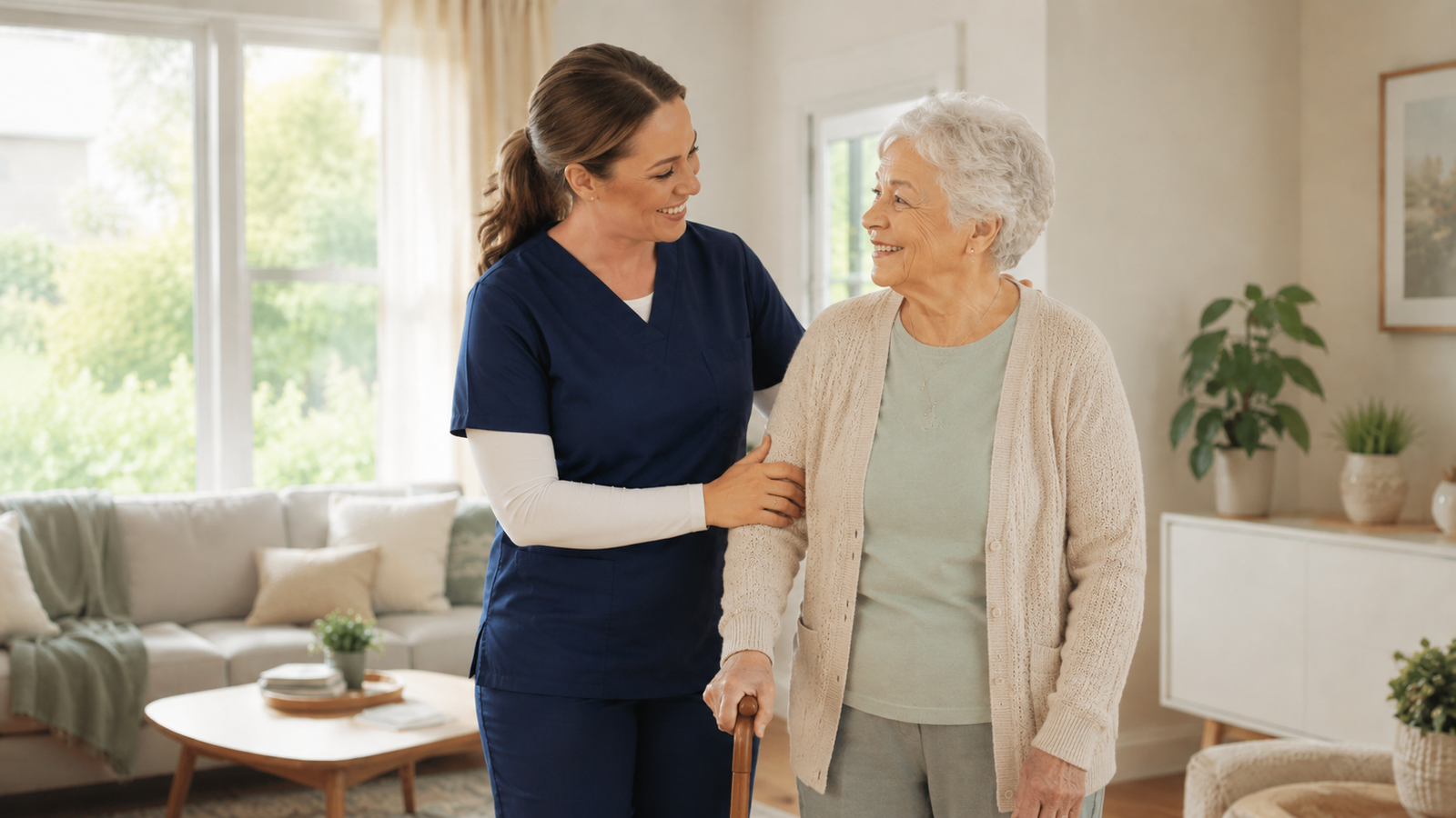 Caregiver helping an older adult in a bright and comfortable home setting